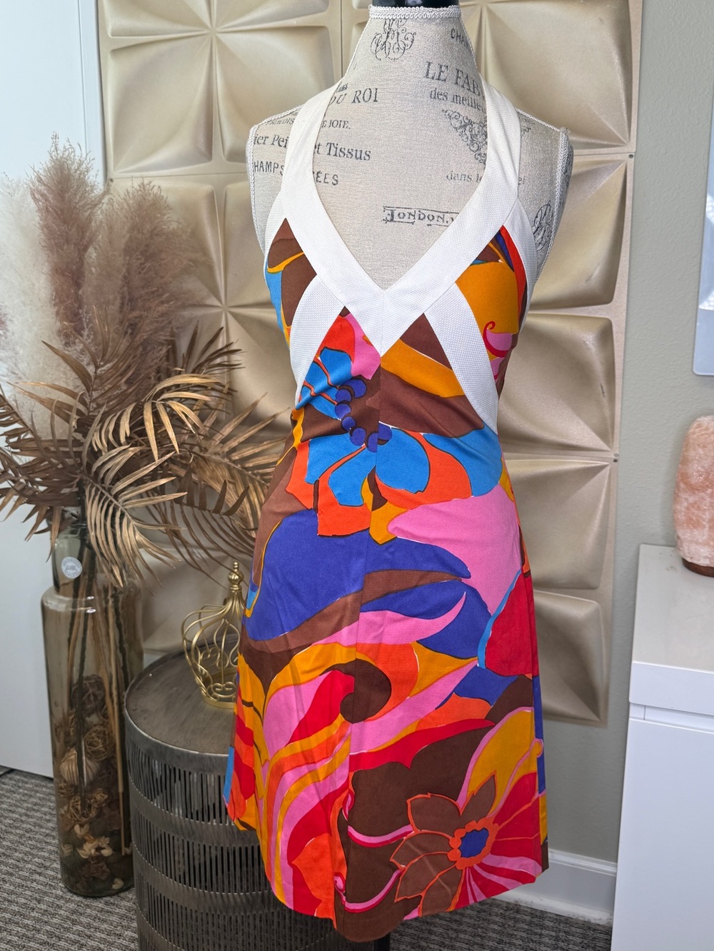 Trina Turk Psychedelic Floral Halter Dress Size 2 Retro Mod Dress